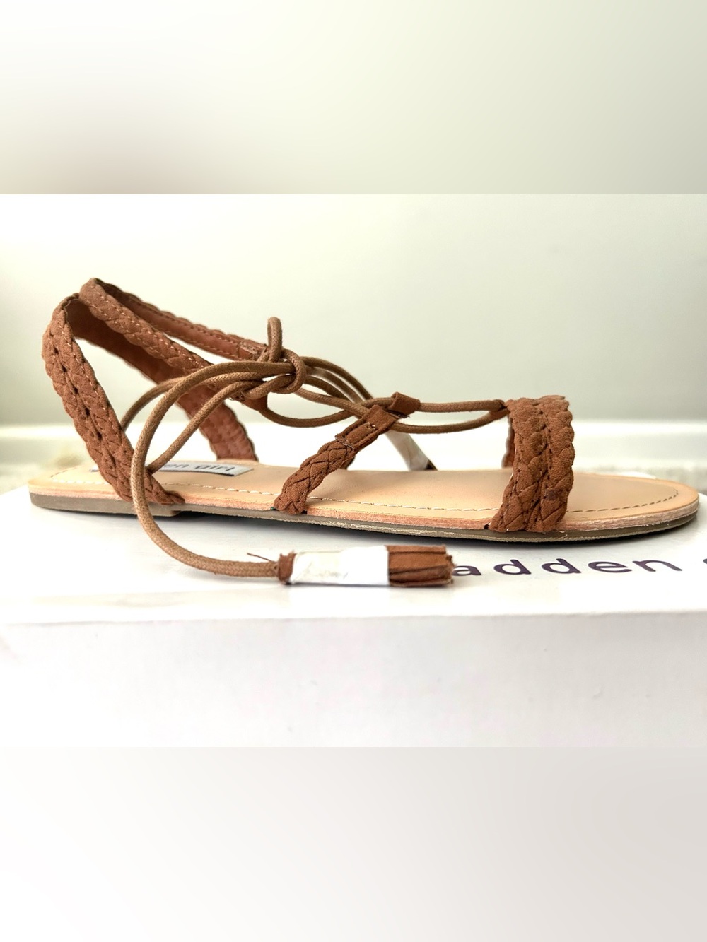 Madden Girl Chestnut Brown Braided Lace-Up Flat Sandal, Size 9